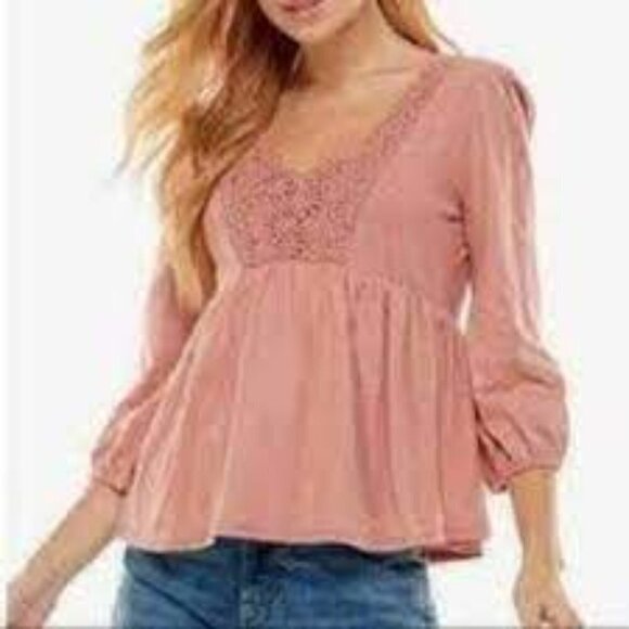 Derek & Heart  boho dark blush pink, knit lace  crochet top, 3/4 sleeve,… - Picture 1 of 4